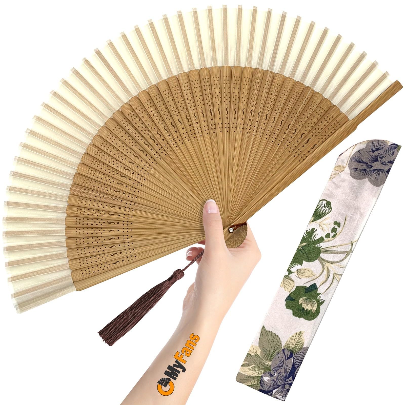 OMyFans Hand Fan for Women Foldable - Folding Chinese Japanese Vintage Bamboo Silk Fan - Ideal for Hot Flashes, Church, EDM, Festivals, Dancing and Gifts (Bamboo-White)
