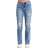 Judy Blue Mid Rise Light Wash Destroyed 90's Straight, Inseam 32"