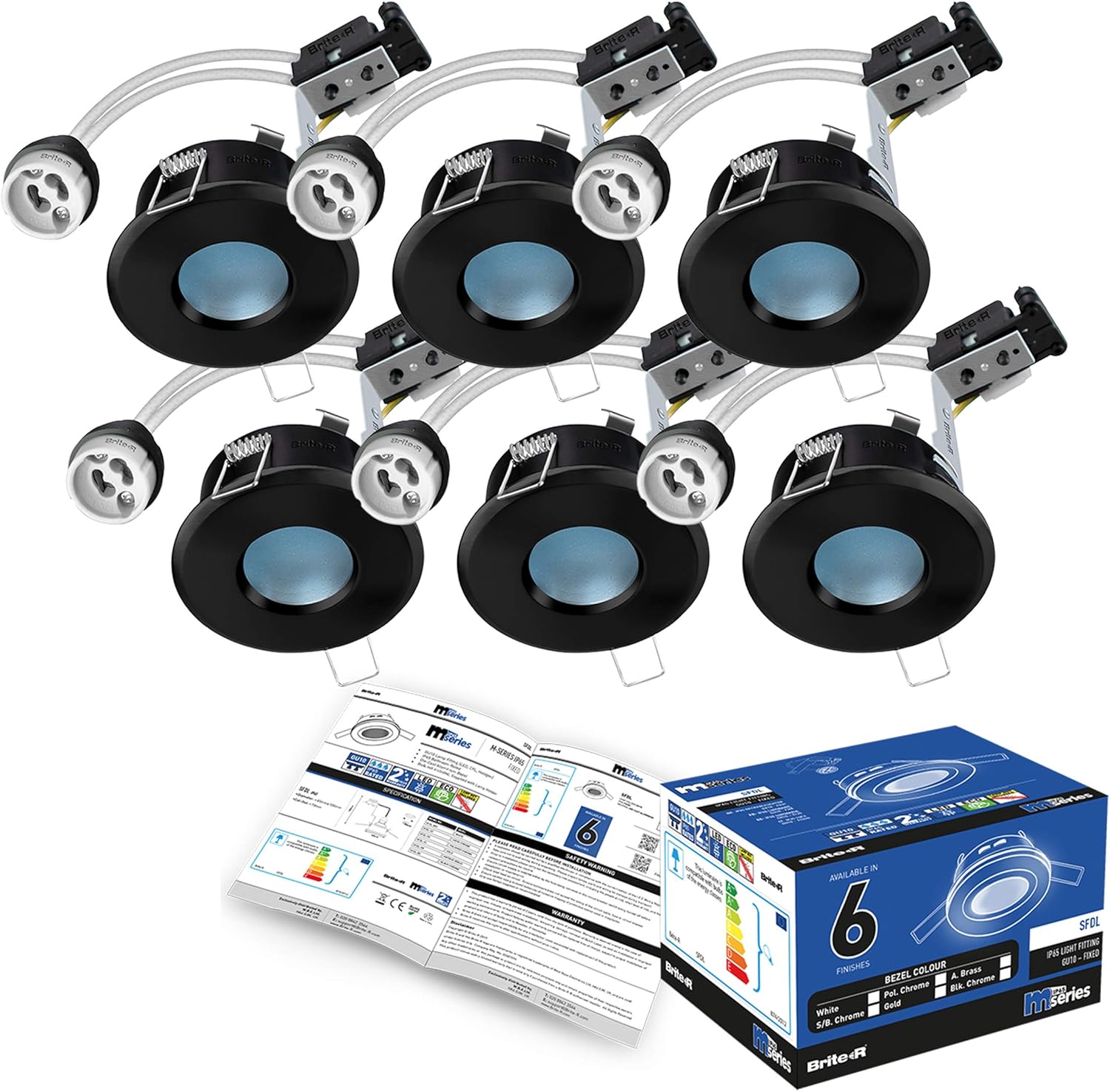 6X GU10 Bathroom IP65 Fixed Downlight Black Chrome BriteR LED
