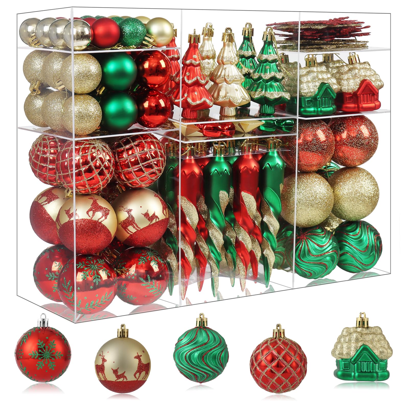 Photo 1 of 124PCS Red Green and Gold Christmas Ornaments Sets, Shatterproof Christmas Hanging Decoration for Home/Party/Indoor Outdoor (Red & Green & Gold)
