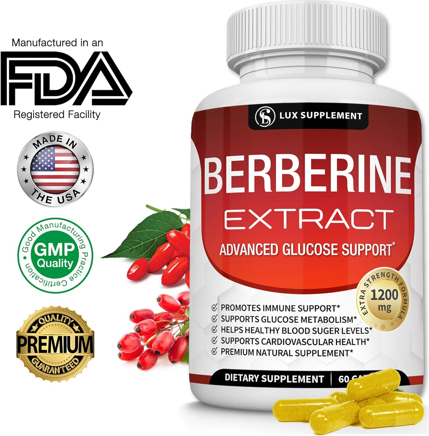 Berberine Extract 1200 mg HCl Complex Premium Strength Berberine Plus