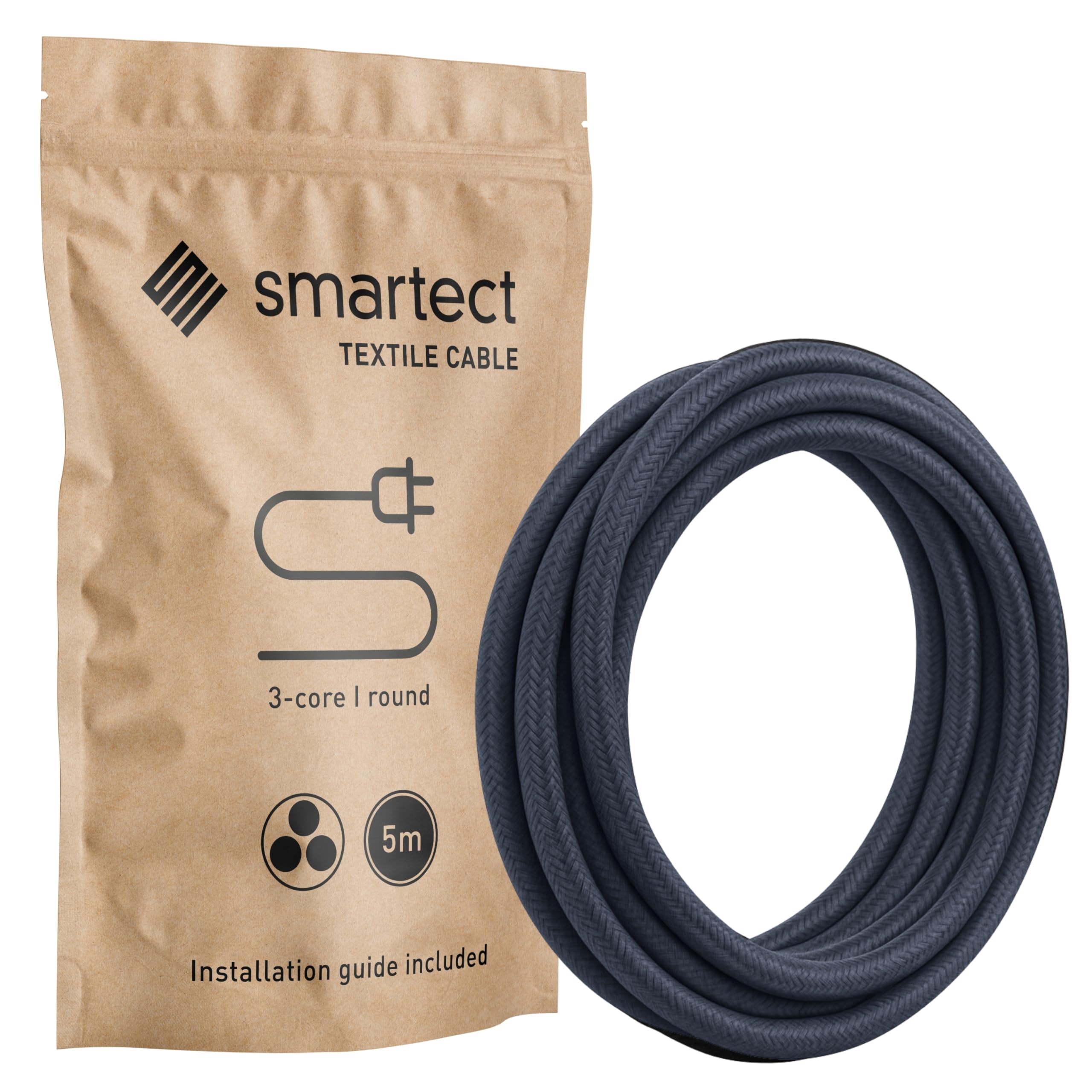 smartect Braided Cable, Anthracite, 5 Metres 3 Core Electrical Cable (3 x 0.75mm²) Vintage Fabric Electrical Wire for your DIY project — image 1