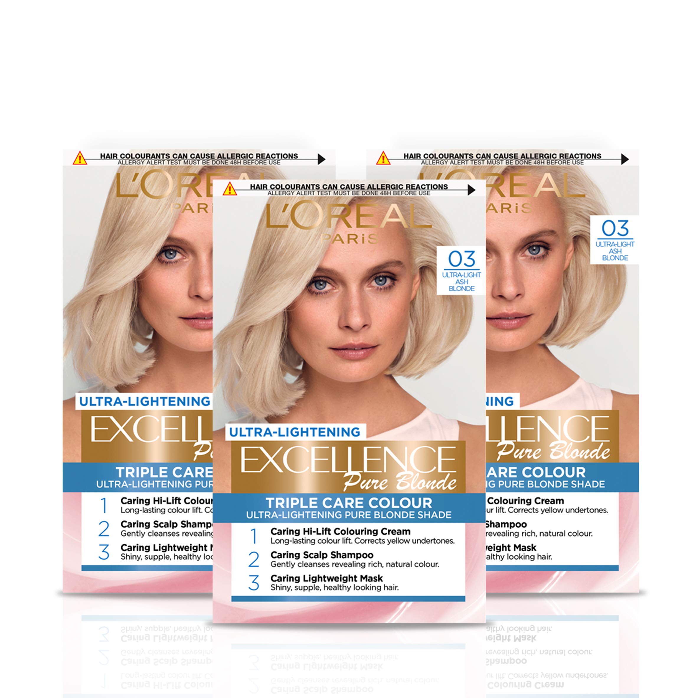 L'Oréal Paris Excellence Crème Permanent Hair Dye, Radiant At-Home Hair Colour with Up to 100% Grey Coverage, Pro-Keratin, Up to 8 Weeks of Colour, Pack of 3, Ultra-Light Ash Blonde
