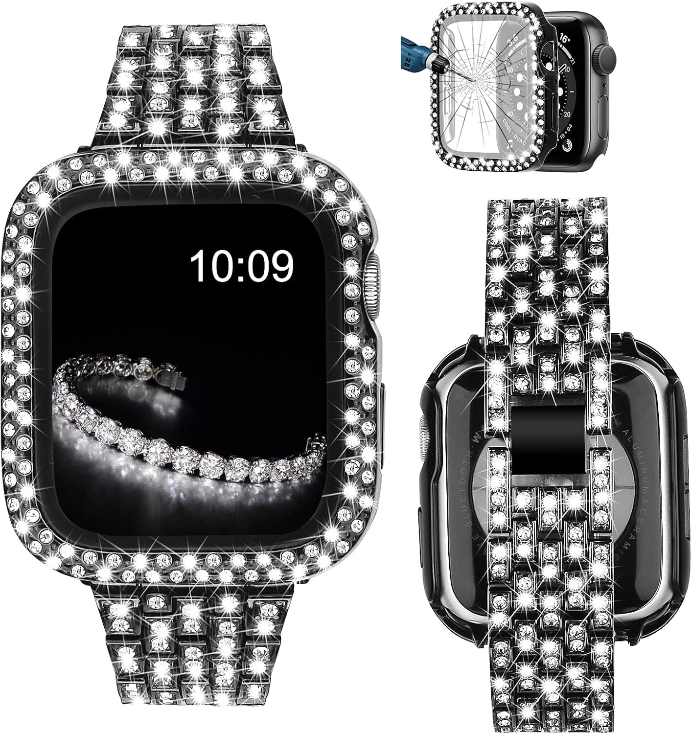 V-MORO Bracelet Compatible with Apple Watch Band 40mm Series 6 with Screen Protector Case, Jewelry Bling Diamond Metal Strap and Full Cover Protective Case for iWatch Series SE/5/4 40mm Women Black