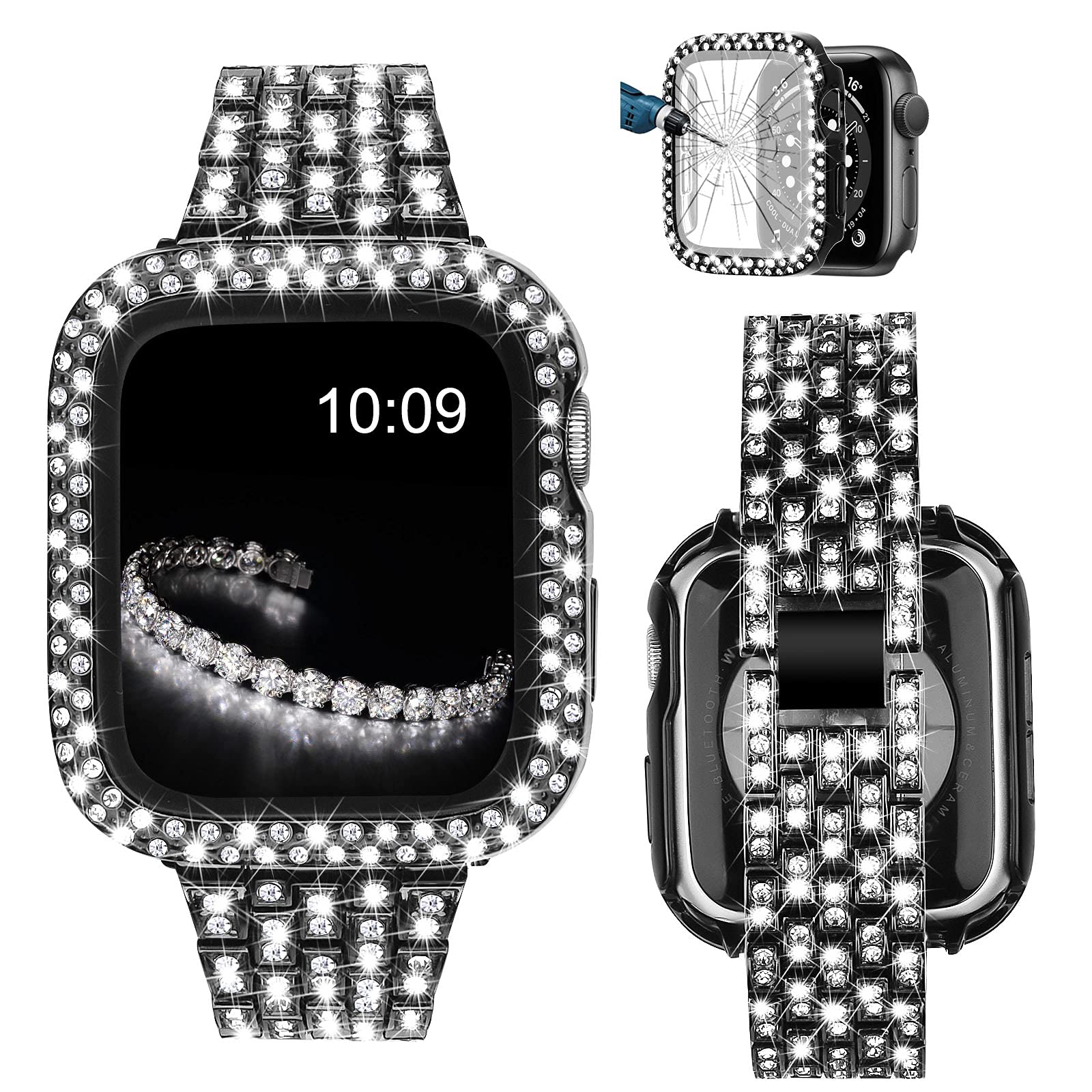 V-MORO Bands Compatible with Apple Watch Straps 44mm Women with Screen Protector, Full Cover Bling Rhinestone Diamond Crystal Protective Case with Metal Strap for iwatch Series 6 5 4 SE(Black)
