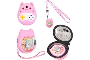 Meetikar Carrying Case and Silicone Cover Compatible with Tamagotchi Pix Virtual Pet Game Machine, (5-in-1) Silicone Cover for Tamagotchi Pix, with Finger Lanyard and Screen Protector (Pink)