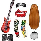 YMO 8 Pcs 80s Rocker Costume for Men Hippie Wig with Bandana Guitar Party Punk Accessories Halloween Costumes for Men