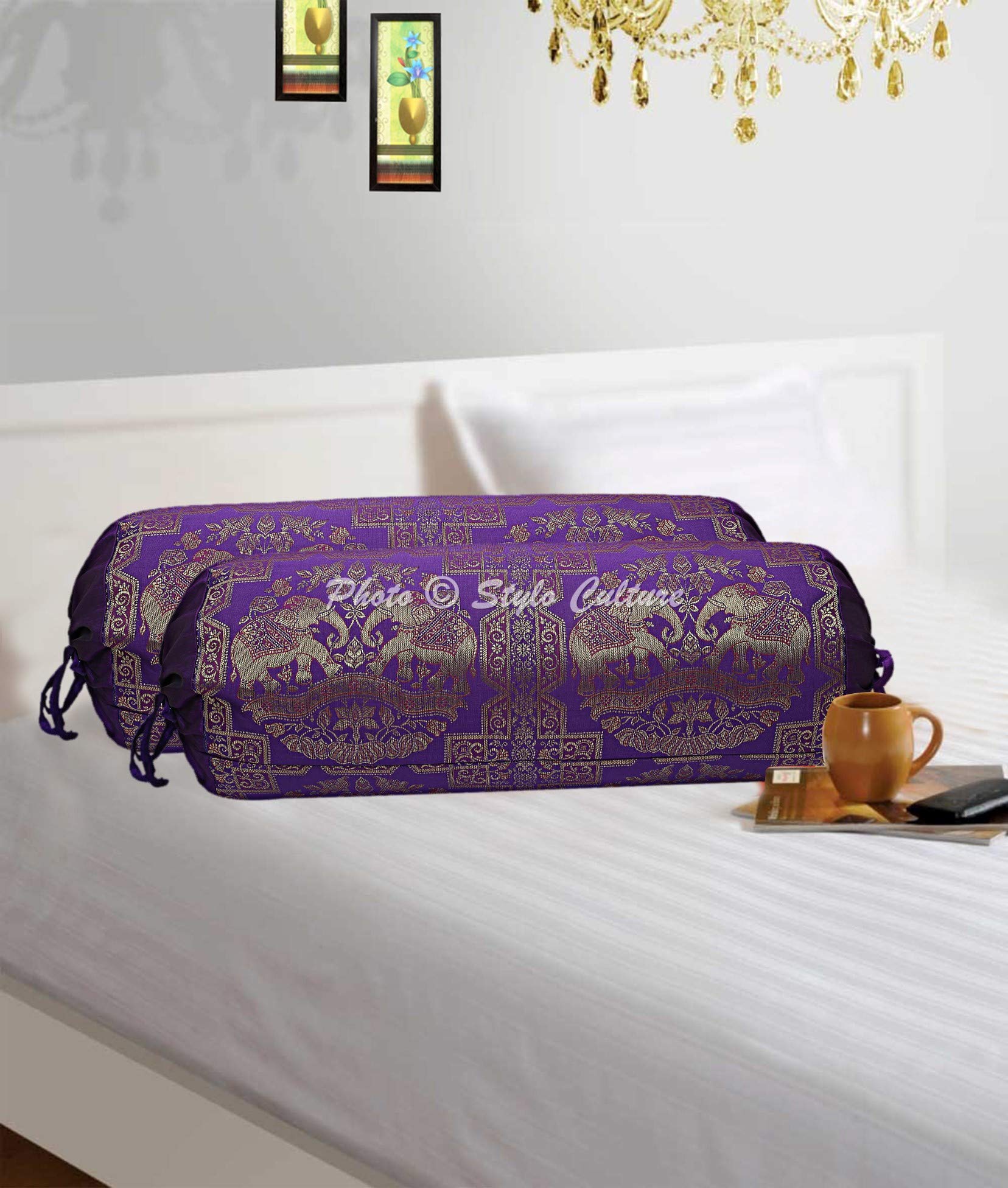 Stylo Culture Decorative Ethnic Polydupion Elephant Hotdog Pillow Bolster Pillow Covers Purple Gold Elephant Round Brocade Large Settee Cylinder Cushion Covers (Set of 2) | 30x15 Inches (76x38 cm)