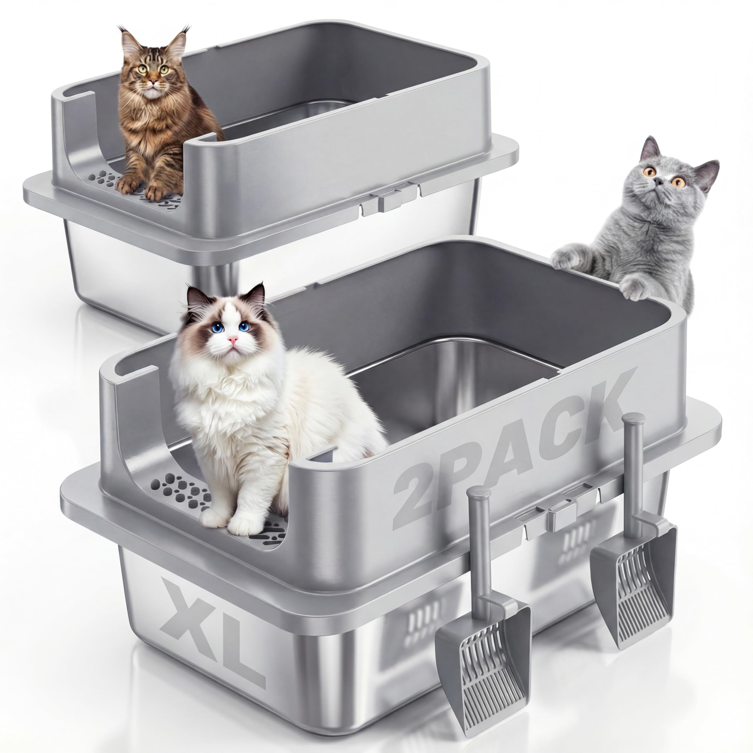 Photo 1 of 1 OF 2 ONLY
Jotesnew 2 Pack XL Stainless Steel Cat Litter Box with Lid and High Sides, 24" L x 16" W x 12" H Extra Large Metal Cat Litter Boxes for Big Cats, Leak-Proof, Non-Stick, Odor-Resistant, Includes Scoop