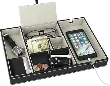 Amazon Com Leather Desktop Storage Organizer Multi Catchall Tray Valet Tray Nightstand Or Dresser Organizer 6 Compartment Wallet Phone Keys Jewelry Money Accessories Anti Scratch Felt Bottom Home Improvement