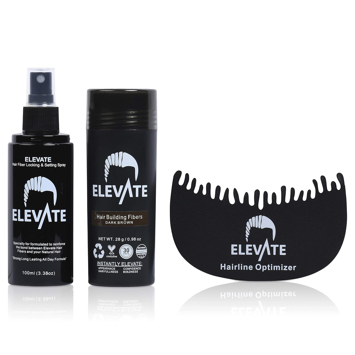 ELEVATE Hair Ultimate Perfecting 3-in-1 Kit Set Includes Natural Hair Thickening Fibers | Locking & Setting Hold Hair Spray | Hairline Optimizer Comb | Instantly Conceal & Thicken Hair (Dark Brown): Beauty