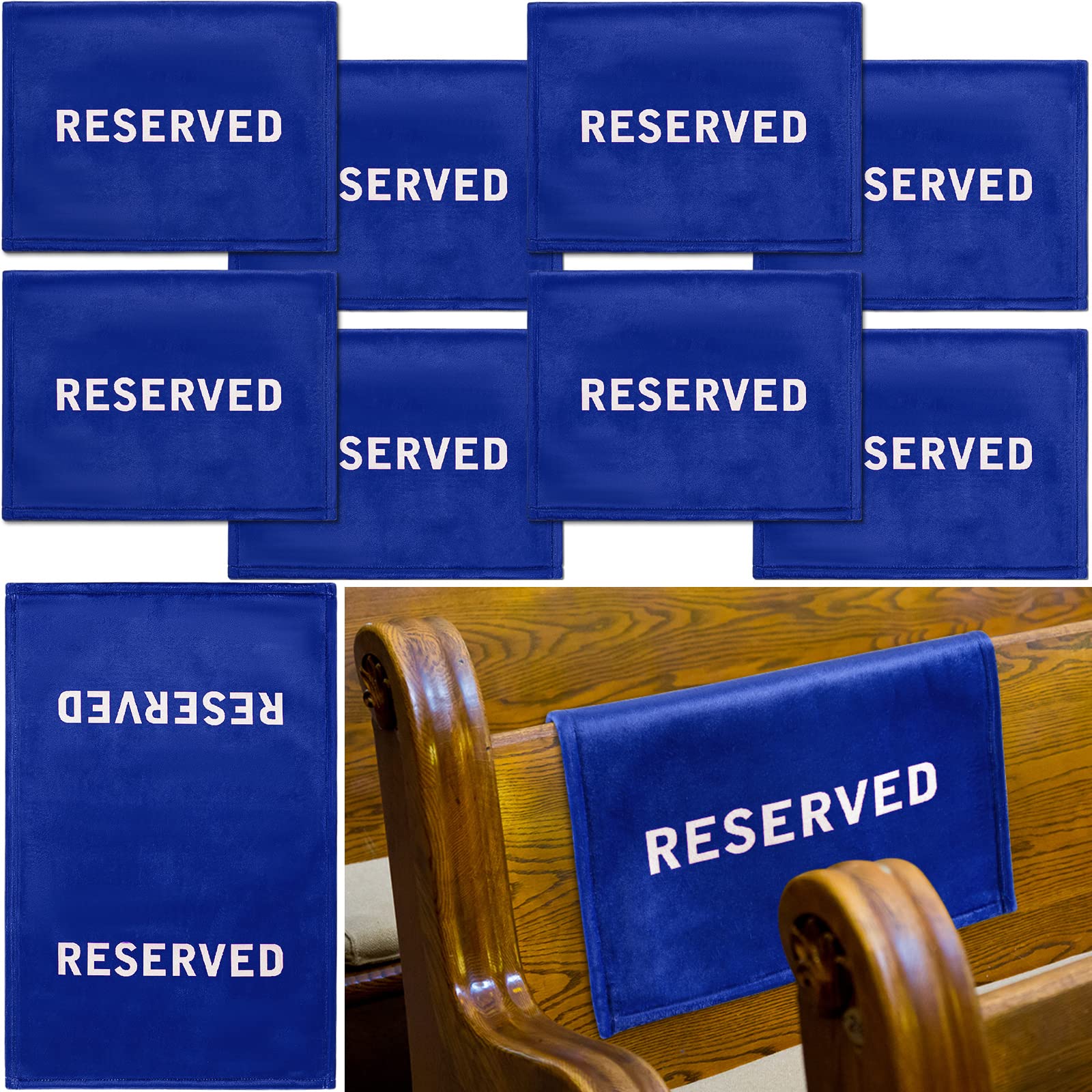 Photo 1 of Tudomro Reserved Signs for Pews Chairs Flannel Reserved Pew Cloths Seating Signs Placeholder for Church Wedding Seats Decoration(Blue, White,8 Pieces)