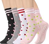 Zuimei 4 Pairs Pilates Yoga Grip Socks Women Non Slip Love Heart Cotton Size UK