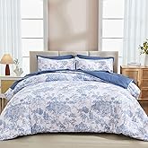 DJY Blue Comforter Set Queen, 7 Pieces Bed in a Bag Queen Size Botanical Comforters with Sheets Elegant Plants Print Soft Microfiber Reversible Complete Bedding Sets for All Season