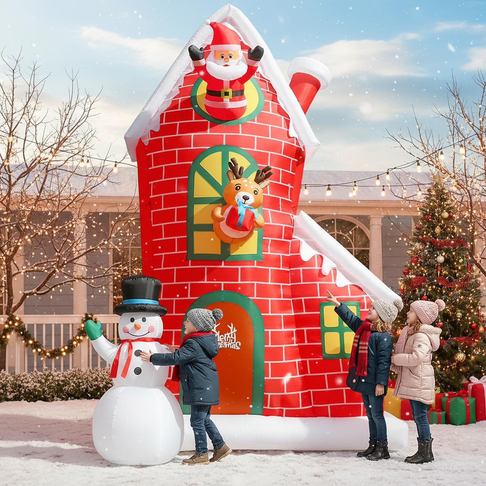 Photo 1 of 12FT Christmas Inflatable Outdoor Decoration, Huge Christmas Castle with Santa Snowman and Reindeer with Built-in LED Lights, Giant Blow Up House with Chimney for Xmas Decor Lawn, Yard, Party
