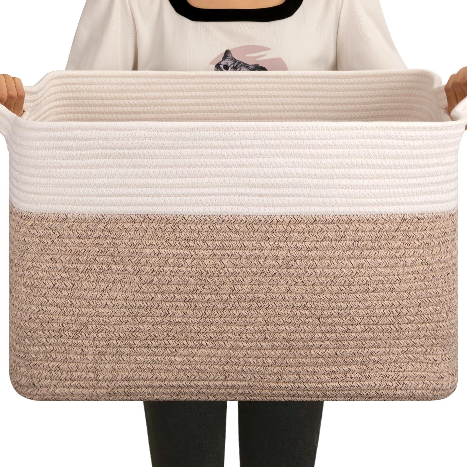 Photo 1 of OIAHOMY 65L Blanket Basket, Cotton Rope Woven Blanket storage for Living Room, Rectangle Woven Baskets for Storage, 20''×16''×12'', Brown and White