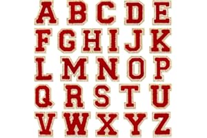 Tizikcon 26pcs Chenille Red English Letter A-Z, Alphabet Glitters Patch Sweater Embroidered Sew On/Iron On Patch Applique for Clothes, Hat, Bags, DIY Accessories (Red, A-Z)
