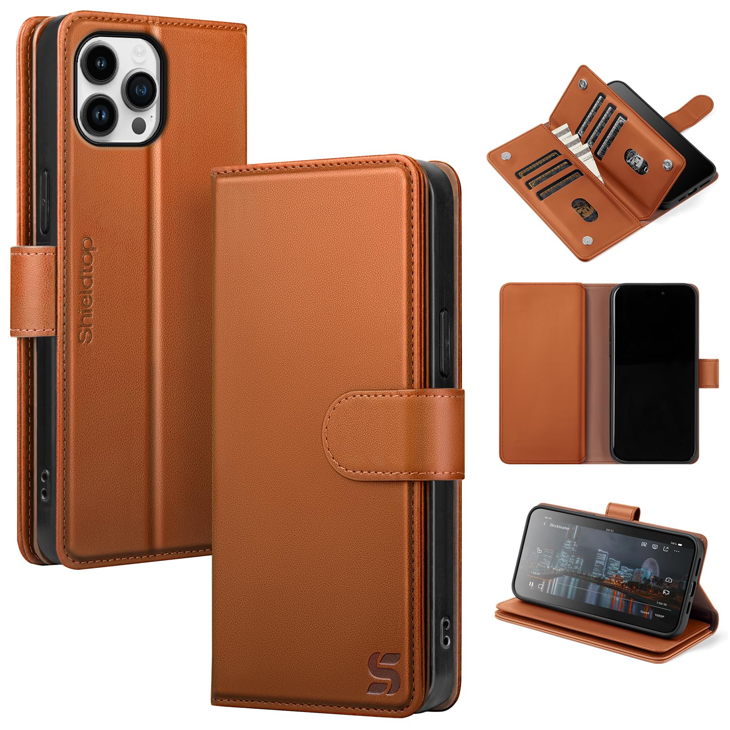 Shieldtop Compatible with iPhone 15 Pro Max Wallet Case with Card Holder,Women Men RFID Blocking PU Leather Folio Flip TPU Protective Cover Credit Card Slots,Phone Case for Apple 15 ProMax,Light Brown