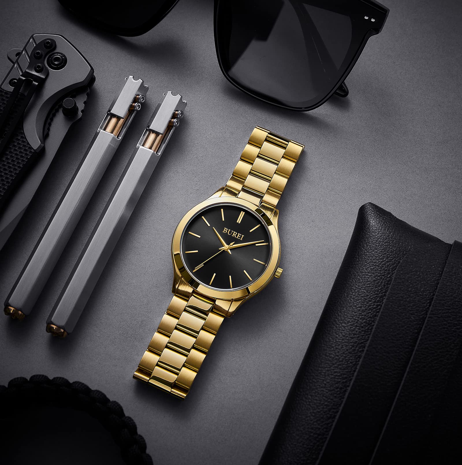 BUREI Men's Quartz Waterproof Analog Wrist Watch Men Watch, gold, Bracelet Type