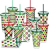 Nuogo 12 Pcs Christmas Reusable Coffee Cups with Lids and Straws 24 oz Red Green Polka Dot Striped Plastic Cups Xmas Party Supplies Coffee Tumblers Mugs Gifts for Hot Cold Drinks, 12 Styles