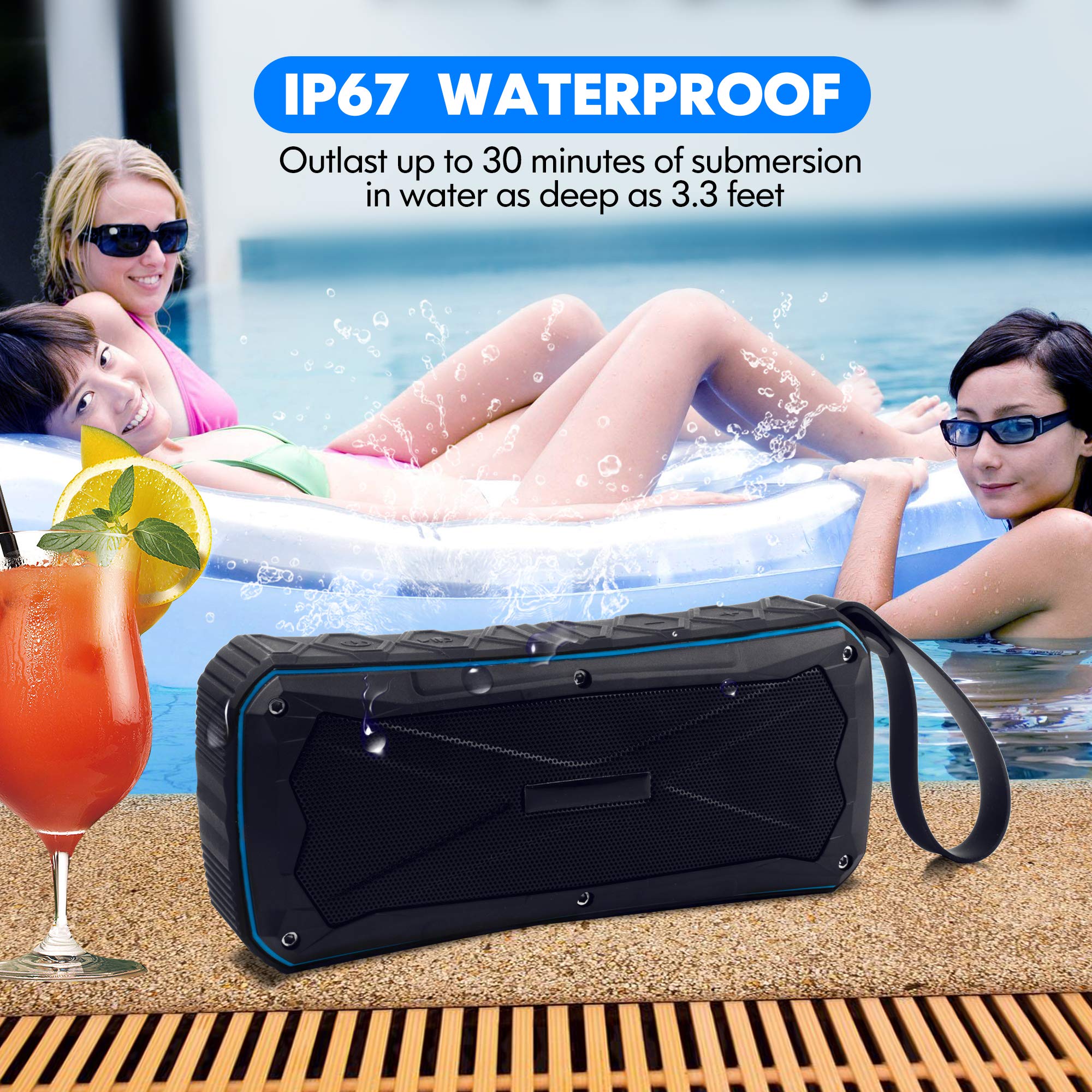 Portable Bluetooth Speaker Waterproof IP67,20W Stereo Pairing,12H Playtime Enhanced Bass Wireless Outdoor Speakers with Built-in Mic and Power Bank for Party,Travel,Camping,Beach,Shower (Blue)