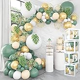 Sage Green Baby Shower Decorations - 4pcs Baby Boxes with Letters for Baby Shower,117pcs Sage Green and White Balloon Arch Ki