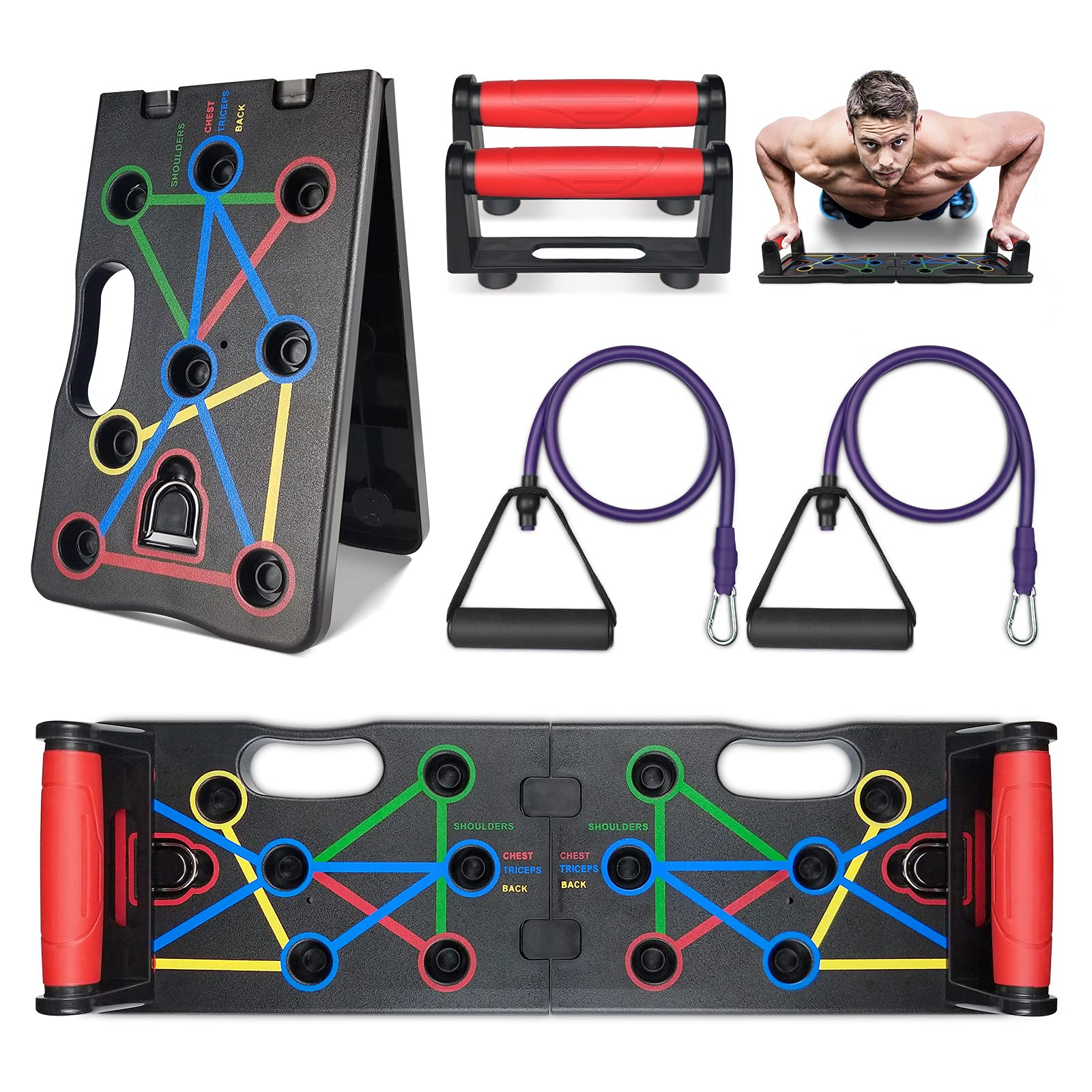 Push Up Board๏ผ9 in 1 Press Up Board with Resistance Bands, Multifunctional Foldable & Portable Muscle Rack Board Home Gym Equipment for Men Women (Black 01)