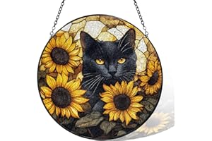 Stained Glass Window Hanging, Sunflower Black Cat Suncatcher Sun Catcher, Glass Panel for Window Garden Yard, Hanging Ornamen
