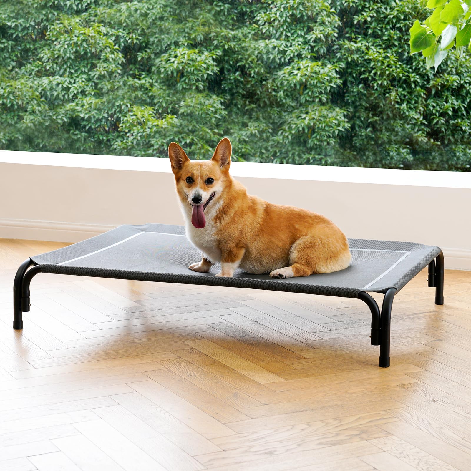 Photo 1 of Elevated Dog Bed Raised Outdoor Dog Cot for Medium Dogs, Installation Requires No Tools, Frame with Washable Cooling Breathable Mesh Anti-Slip Feet, Indoor Pet Bed, Grey, 35.4 Inches