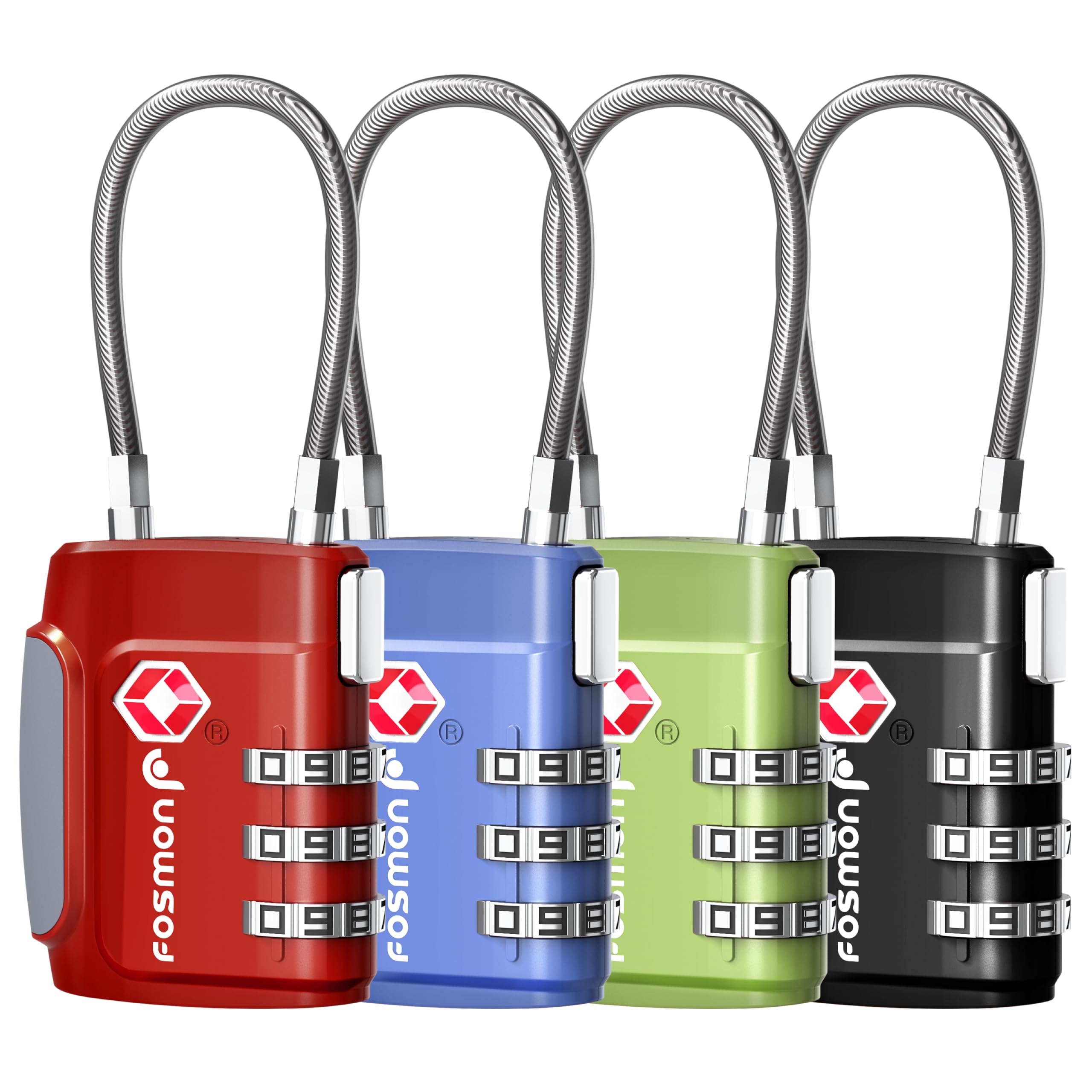 Fosmon TSA Accepted Cable Luggage Locks, 3 Digit Combination with Open Alert Indicator, Alloy Body and Release Button for Travel Bag, Suit Case & Luggage (4 Pack) - Black, Green, Red and Blue
