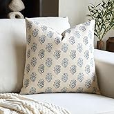 FIOUOVO Floral Vintage Throw Pillow Covers 18x18 Pillow Cover Block Print Decorative Cushion Covers Farmhouse Neutral Accent Home Décor for Sofa Couch Living Room Bedroom, 1PC, Aqua Blue