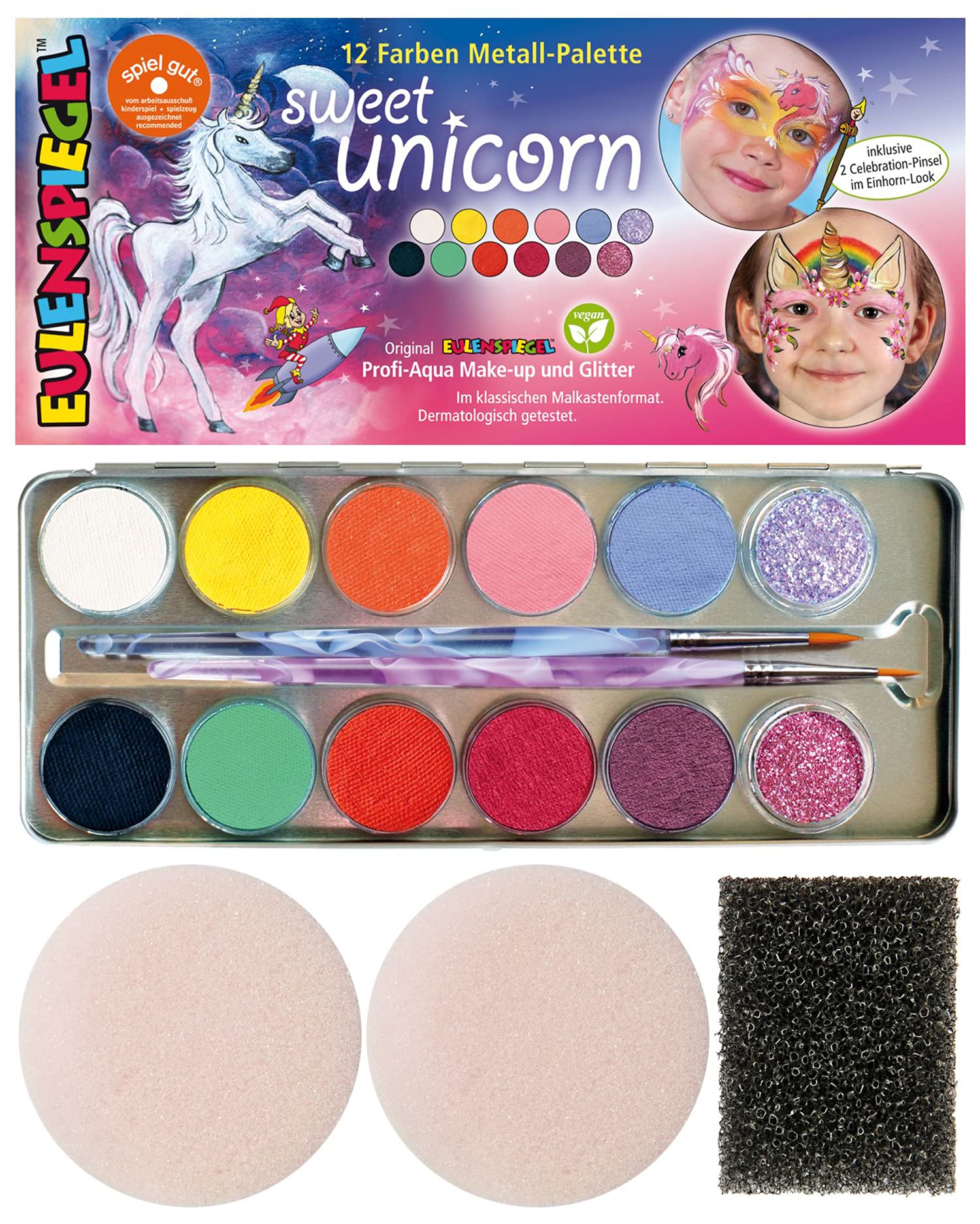 Eulenspiegel 10210104 Metal Pallet 212264 Sweet Palette Vegan Unicorn Set Children's Make-Up Carnival Fancy Dress, Multicoloured, 6 Stück (1er Pack)