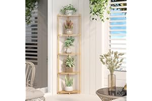 Wisuce Corner Shelf Stand - 5 Tier Natural Bamboo Small Corner Bookshelf for Office Kitchen Bedroom Plant Stand Living Room Decor Small Space