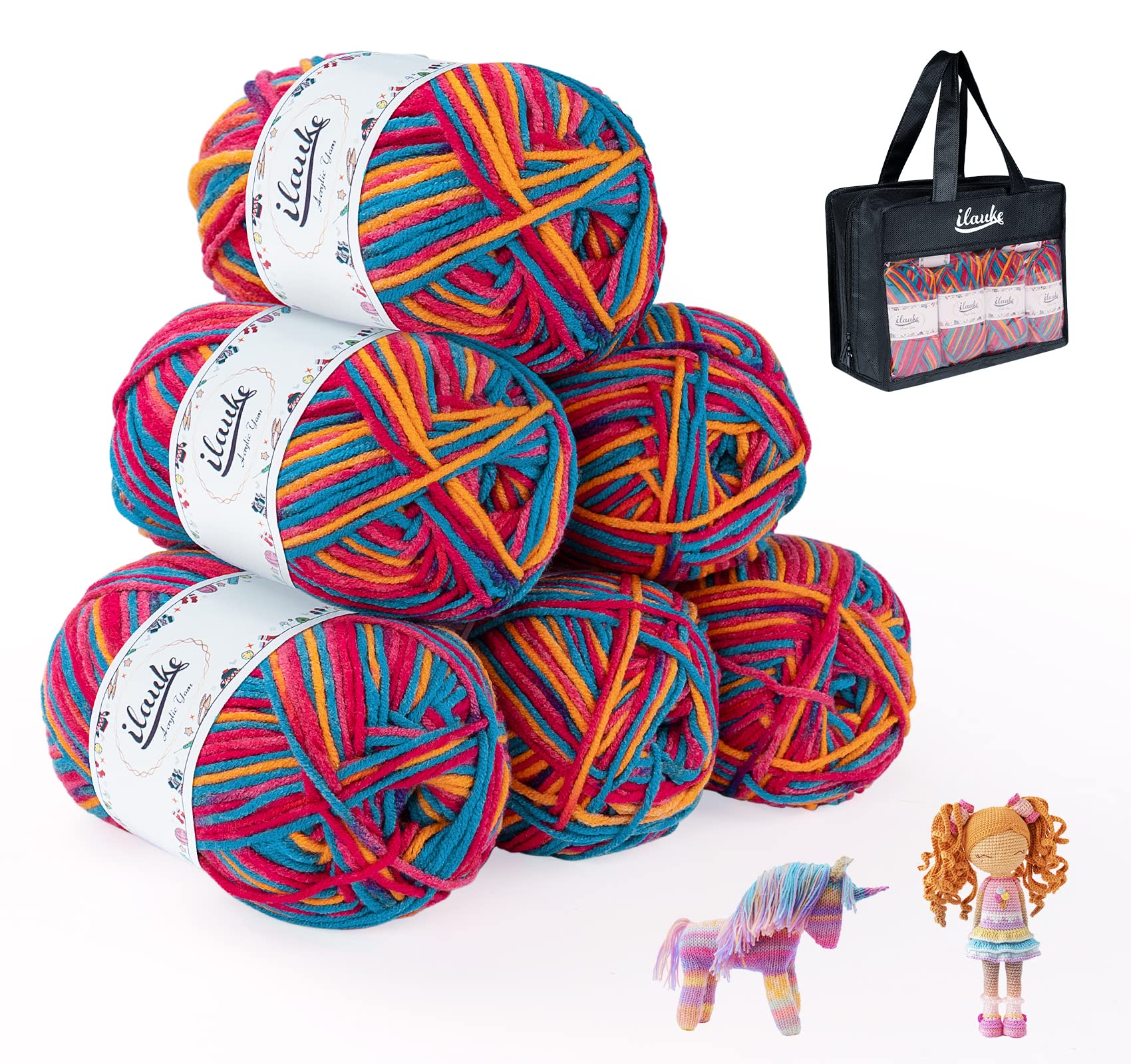 ilauke Knitting Wool Yarn for Crochet (6 X 50g) Assorted Colors Acrylic Wool for Knitting, Colorful Double Knitting Yarn for DIY Knitting Craft and Crochet Project (Multi-Colored,4-Ply) — image 1