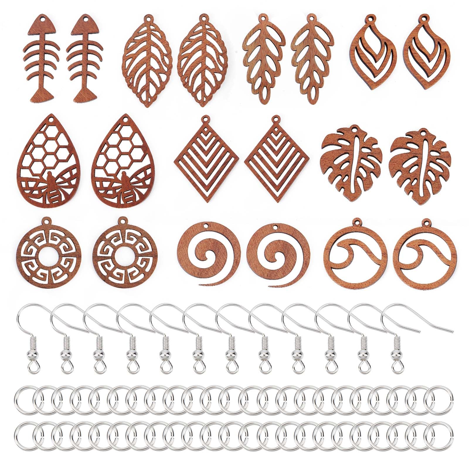SUNNYCLUE 1 Box 74Pcs DIY 10 Pairs Wood Leaf Charms Bohemian Wooden Charm Earrings Making Starter Kit Double Sided Hollow Leaves Charms Summer Ocean Wave Boho Charm for Jewellery Making Kits Women