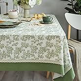 GLORY SEASON Rustic Tablecloth Solid Cotton Fabric Bordered Retro Tablecloths Classic Plant Leaf Printed Linen Fabric Table Cover Farmhouse Decoration 55x84 Inches Rectangle/Oblong Green for Kitchen