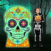 Geelin 4ft Day of The Dead Decorations Sugar Skull Cardboard Cutout Fluorescent Stand-up Skeleton Life Size Photo Props Dia De Los Muertos for Mexican Fiesta Halloween Party Glow in The Dark Decor