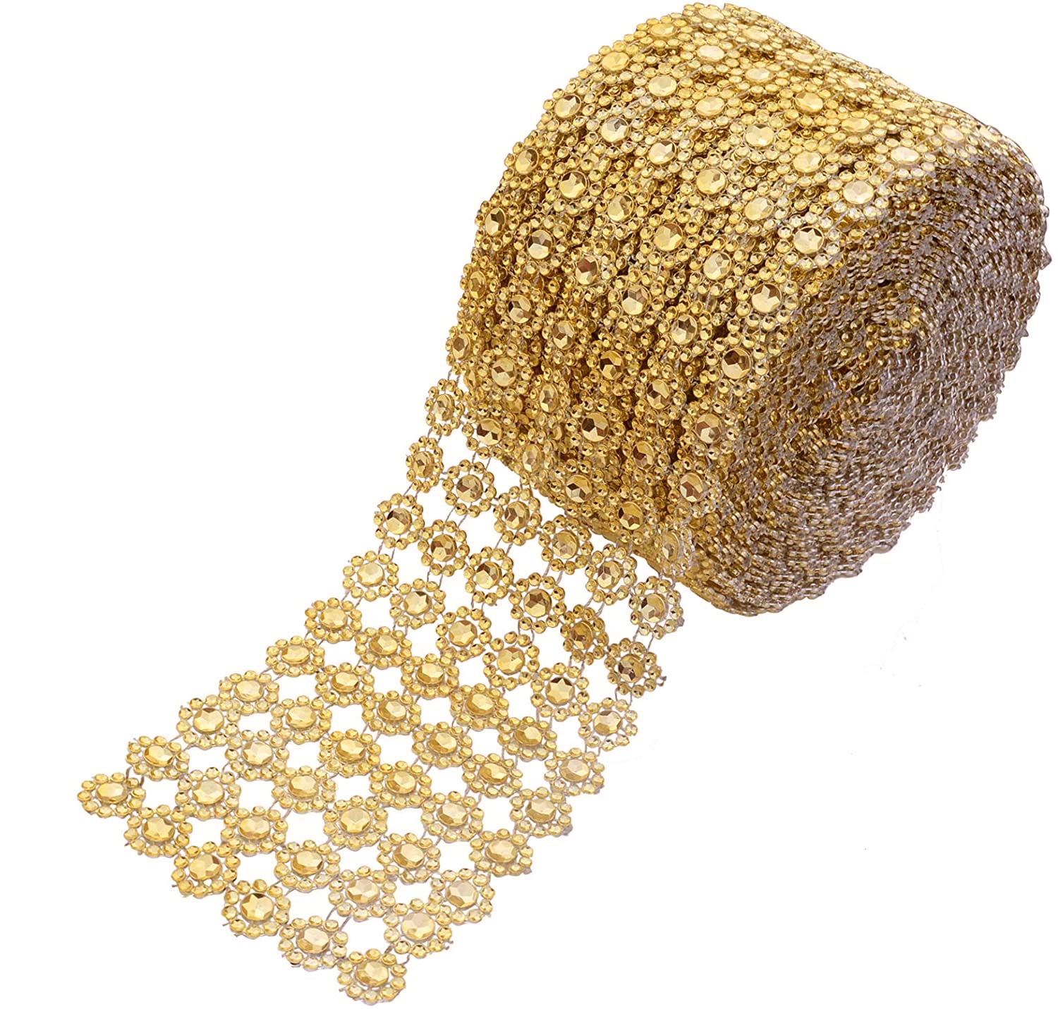 YYaaloa Crafts Faux Diamond Bling Wrap 4" x 10 Yards 6 Rows Gold Flower Pattern Faux Rhinestone Crystal Mesh Ribbon Roll for Wedding, Party, Centerpiece, Cake, Vase Sparkling Decoration (Gold)
