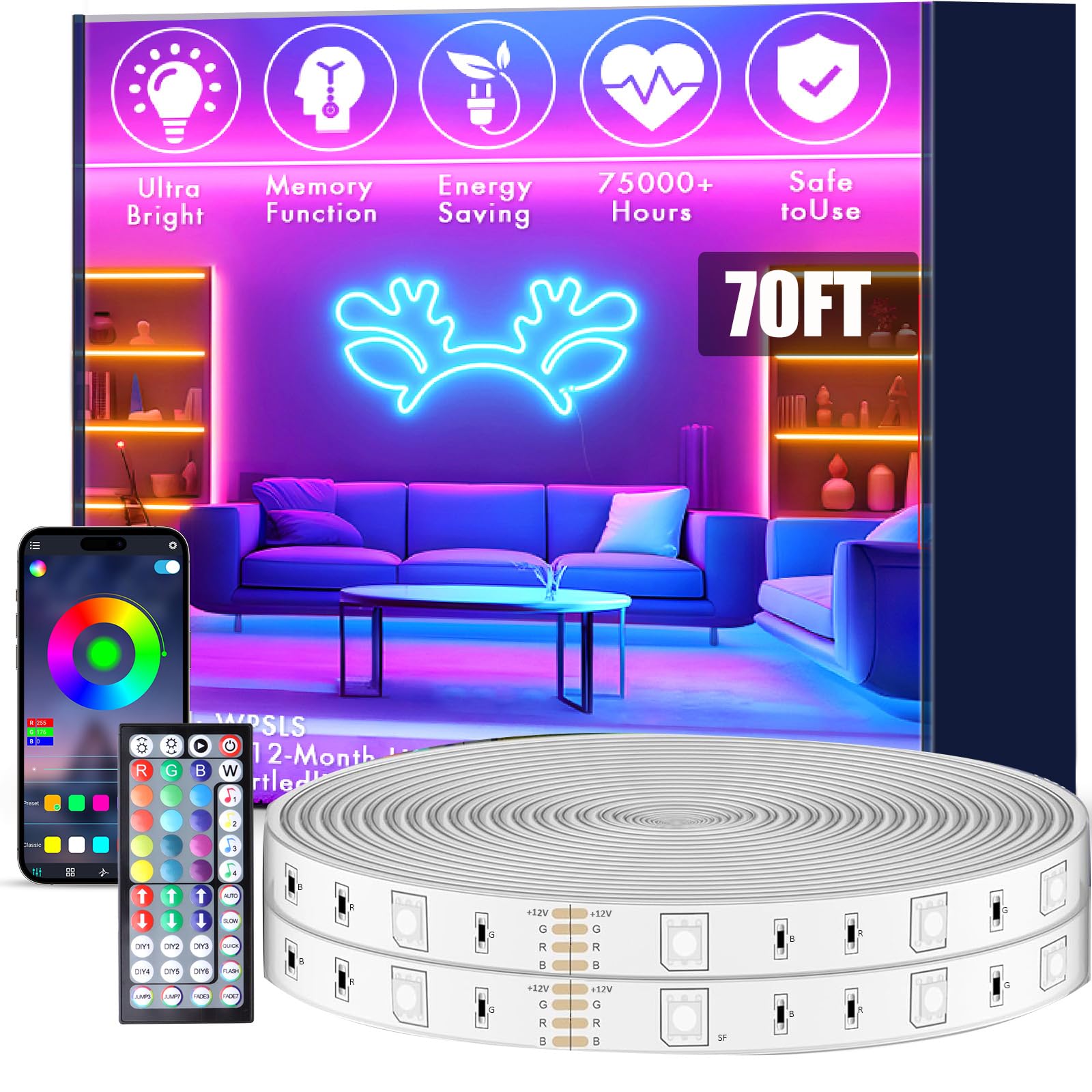 Photo 1 of 70FT Outdoor LED Strip Lights,IP68 RGB LED Lights with Remote and APP Control, Outdoor Strip Lights for Pool, Balcony, Roof, Garden, Stairs (1 Roll)