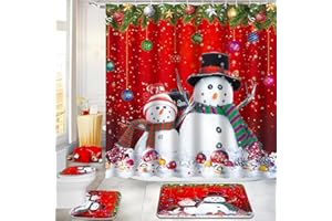 Ruikyhom Christmas Bathroom Sets with Shower Curtain and Rugs 4 Pcs, Xmas Bathroom Decor Sets, Merry Christmas Shower Curtain Set with Rugs(Bath Mat,U Shape,Toilet Lid Cover) and Hooks, Snowman