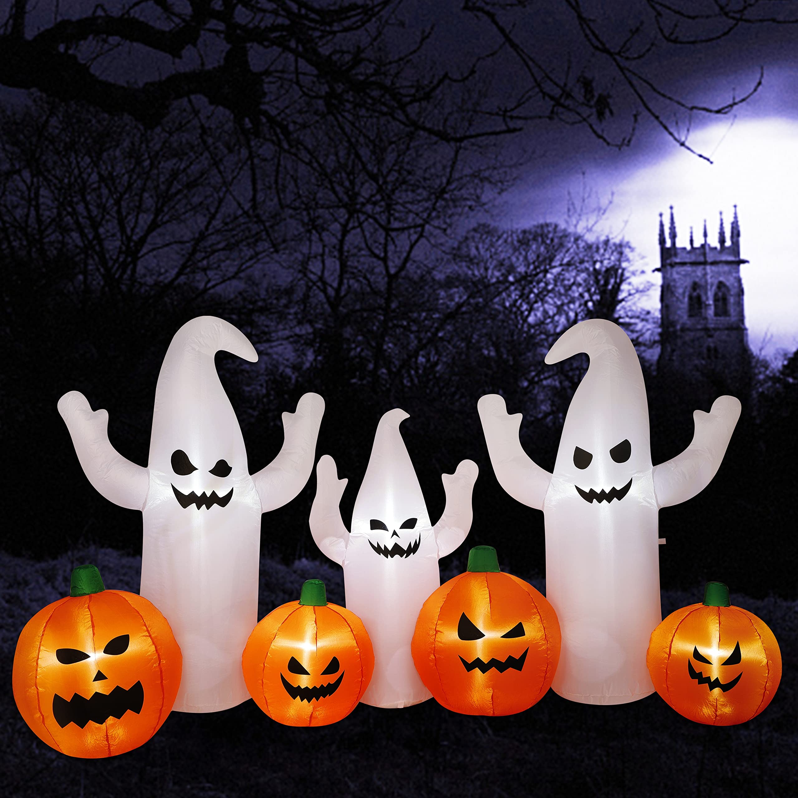 Photo 1 of SAND MINE 8 FT Long Lighted Halloween Inflatable Ghosts with Pumpkins, Halloween Blow Up Decorations for Halloween Indoor Outdoor Garden Lawn Party Yard Decorations