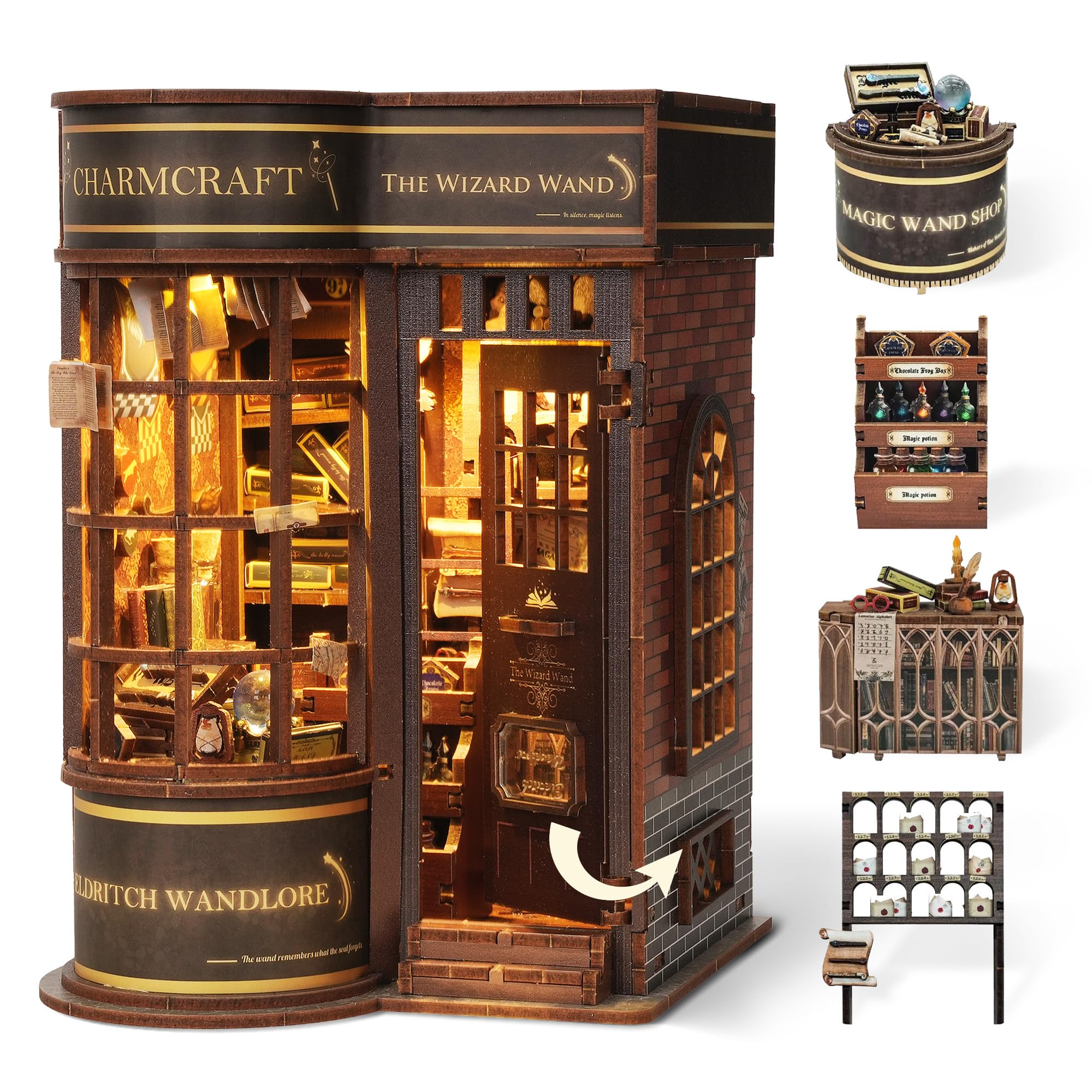 FUNPOLA 3D Wood Puzzle Wizard Wand Book Nook Kit - DIY Miniature Bookshelf Insert with LED Light - Creative Home Decor Gift for Display (Wizard Wand Shop)