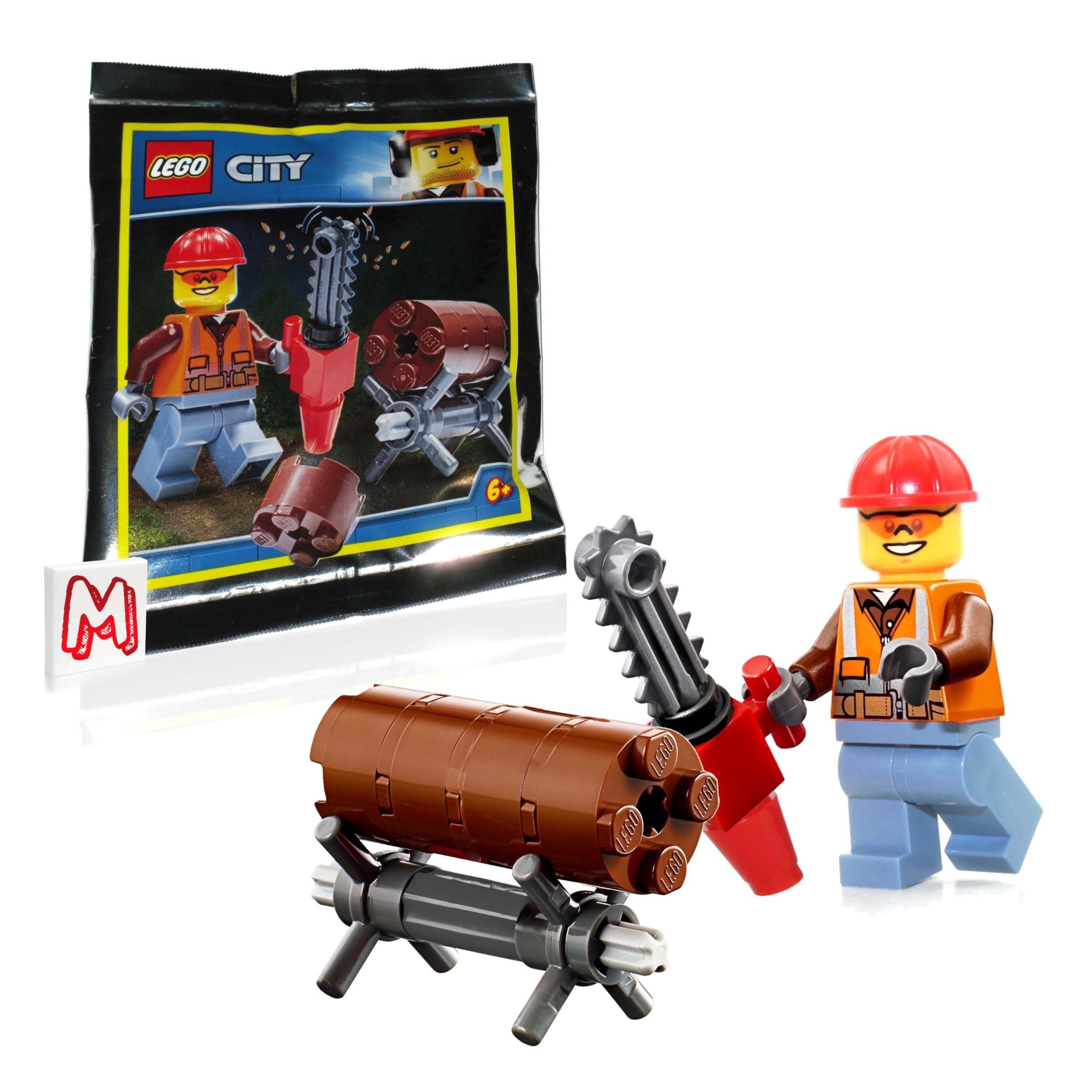 Minifigura LEGO City: Podador de árboles leñador forestal (con motosierra y tronco de árbol)