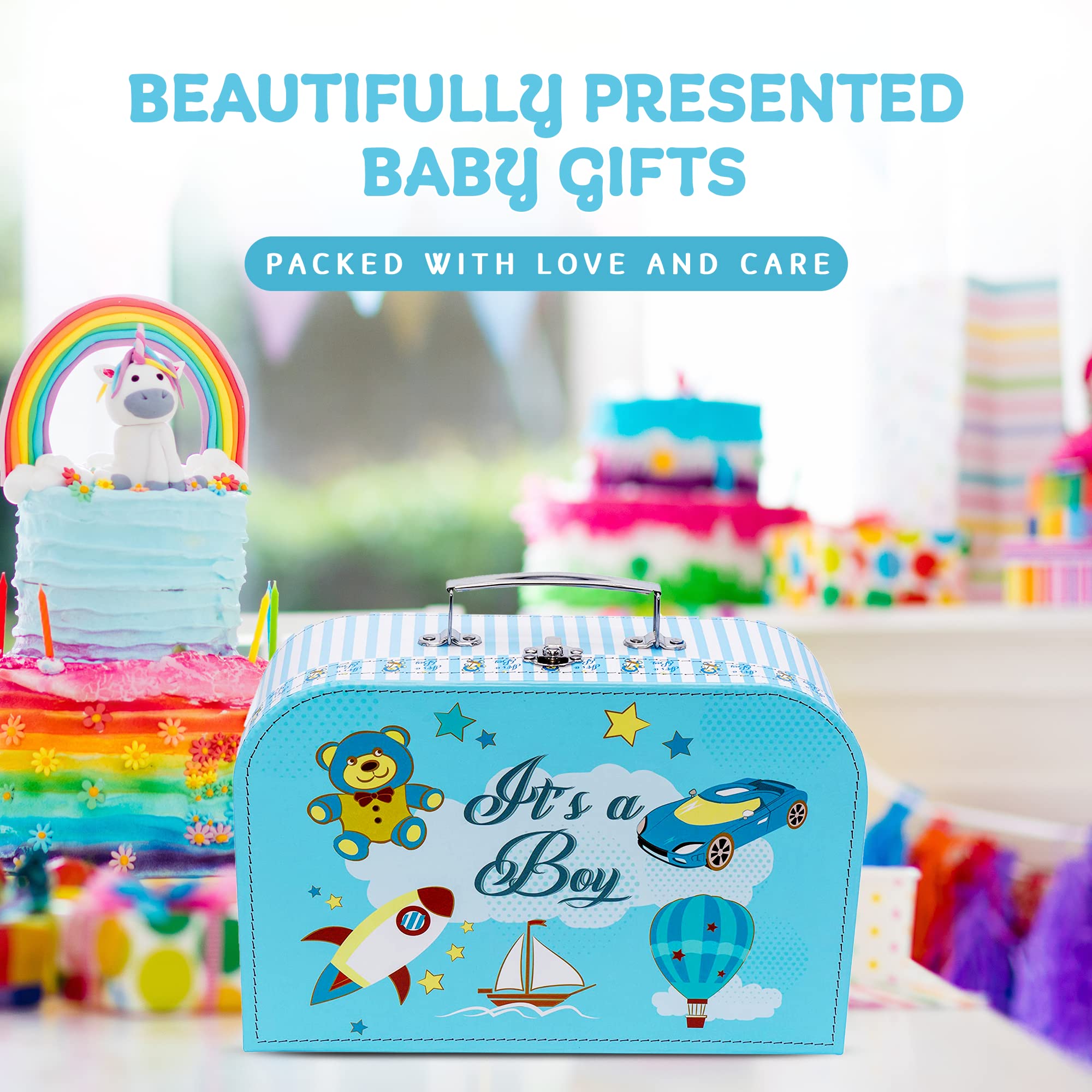 Welcome to The World Baby Boy Suitcase, Baby Layette Set and New Baby Essentials in A Durable Keepsake Suitcase Box, Blue, Large Baby Boy Gift Set - Nikki’s Gift Baskets