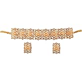Touchstone Mughal Jali Collection Indian Bollywood Gracious Stylish Faux Pearls Rhinestone Studded Diamond Look Designer Chickpatti Choker Necklace Set Jewelry In Gold Tone For Women