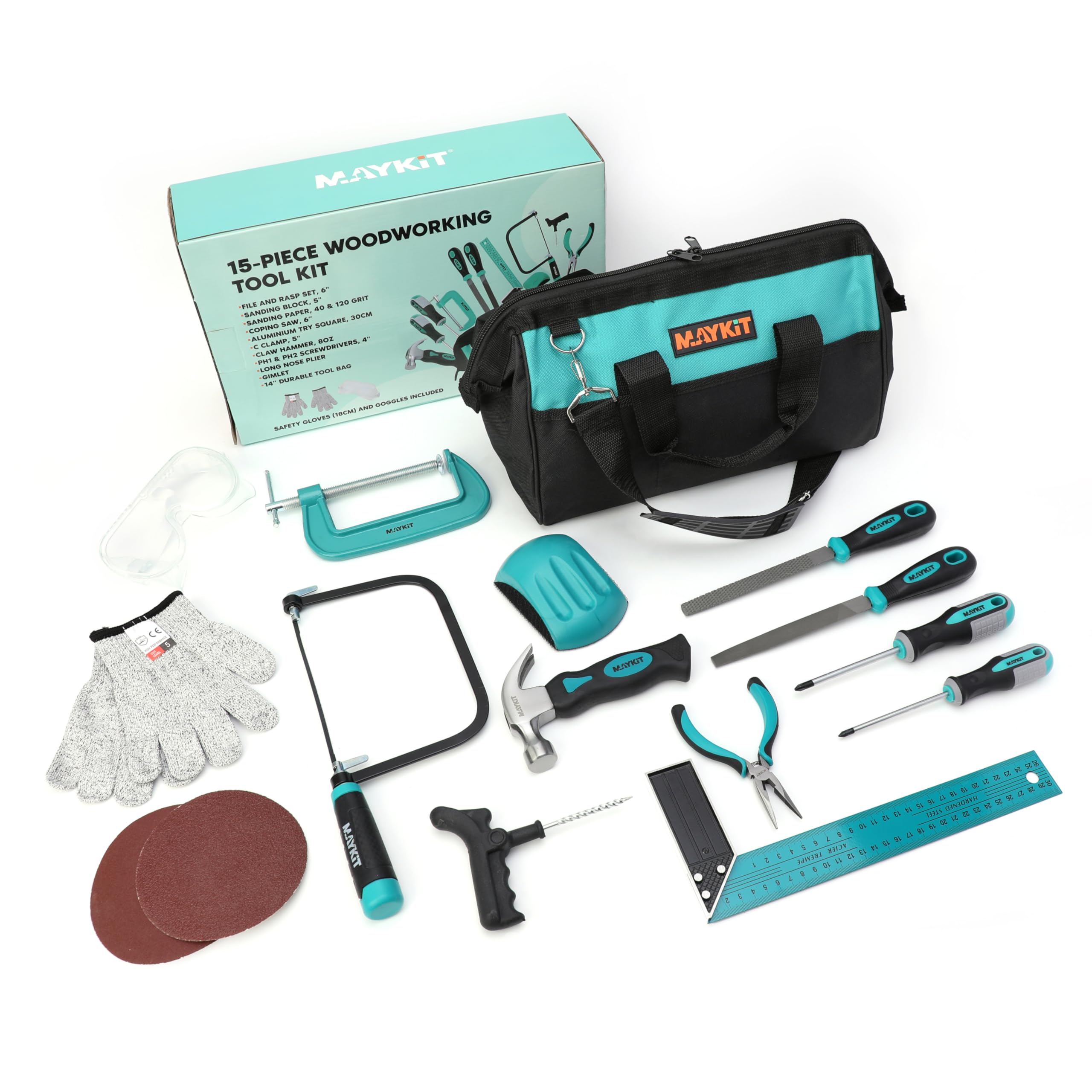 MAYKiT 15-Piece Woodwork Tool Kit for Kids and Adults, Beginners Carpentry Tools with Storage Bag, Tool Set for DIY Wood Projects