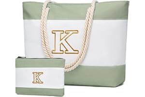 Becokan Initial Beach Bag Waterproof Canvas Beach Tote Bag Zipper Personalized Gifts for Women Her Birthday Travel Essentials