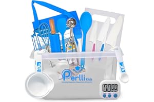 PERLLI Kids Real Cooking Set for Cooking and Baking – 31 Pc. Gift for Junior Chef with Real Utensils, Case & Safe Kids Knife Set for Boys & Girls – Fine Motor Skills & Fun for Children Ages 6+, Blue