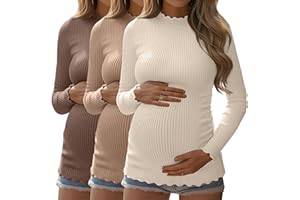 Huukeay 3 Pack Women's Maternity Shirts Ribbed Knit Pregnancy Tops Long Sleeve Mock Neck Basic Tunic Fall Clothes