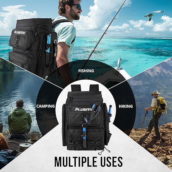 PLUSINNO FISHING BACKPACK WITH ROD HOLDERS,42L WATER-RESISTANT FISHING BAG STORE FISHING GEAR & TACKLE BOX, LARGE TACKLE BACKPACK, FISHING GIFTS FOR MEN.